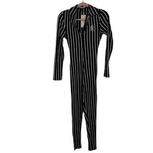 So Real Bodcon Jumpsuit size Medium Black White Striped Long Sleeve collared New